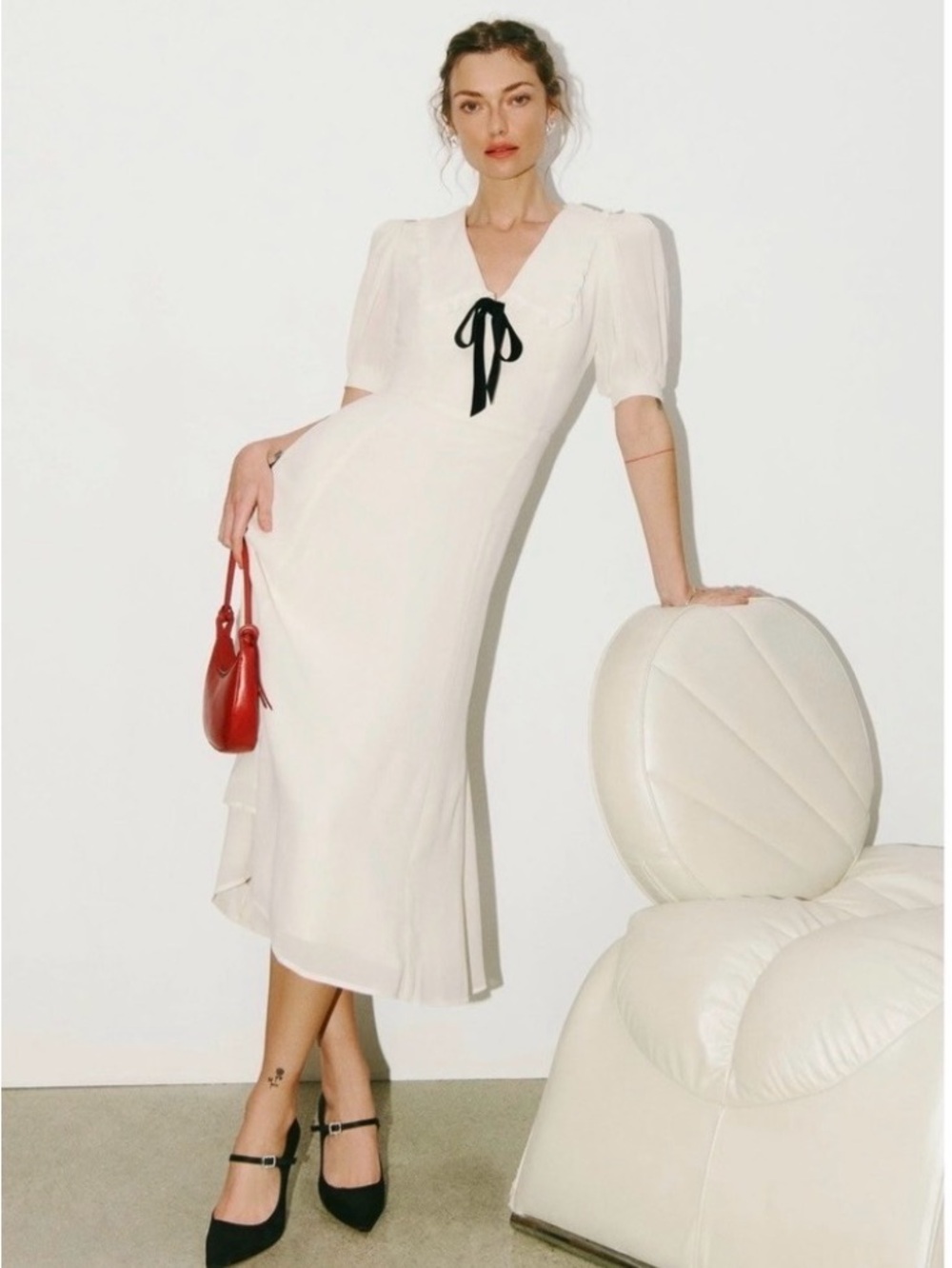 Reformation Ivory Midi Dress with Black Bow